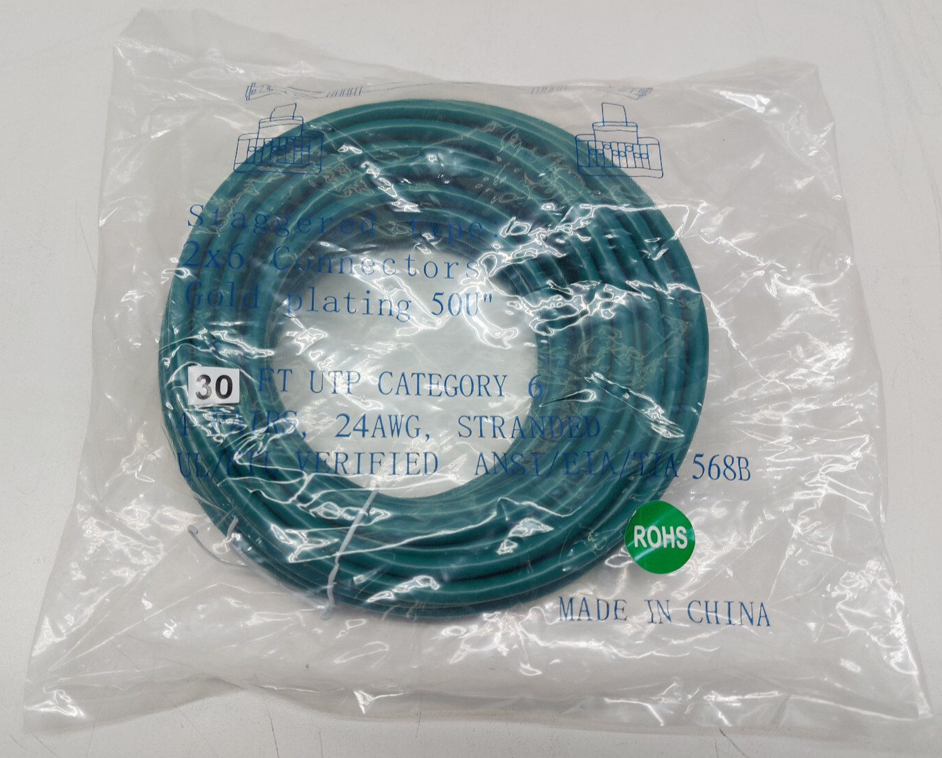30ft CAT6 UTP Ethernet Patch Booted Cable Green UL/ETL ANSI EIA/TIA 24AWG ROHS