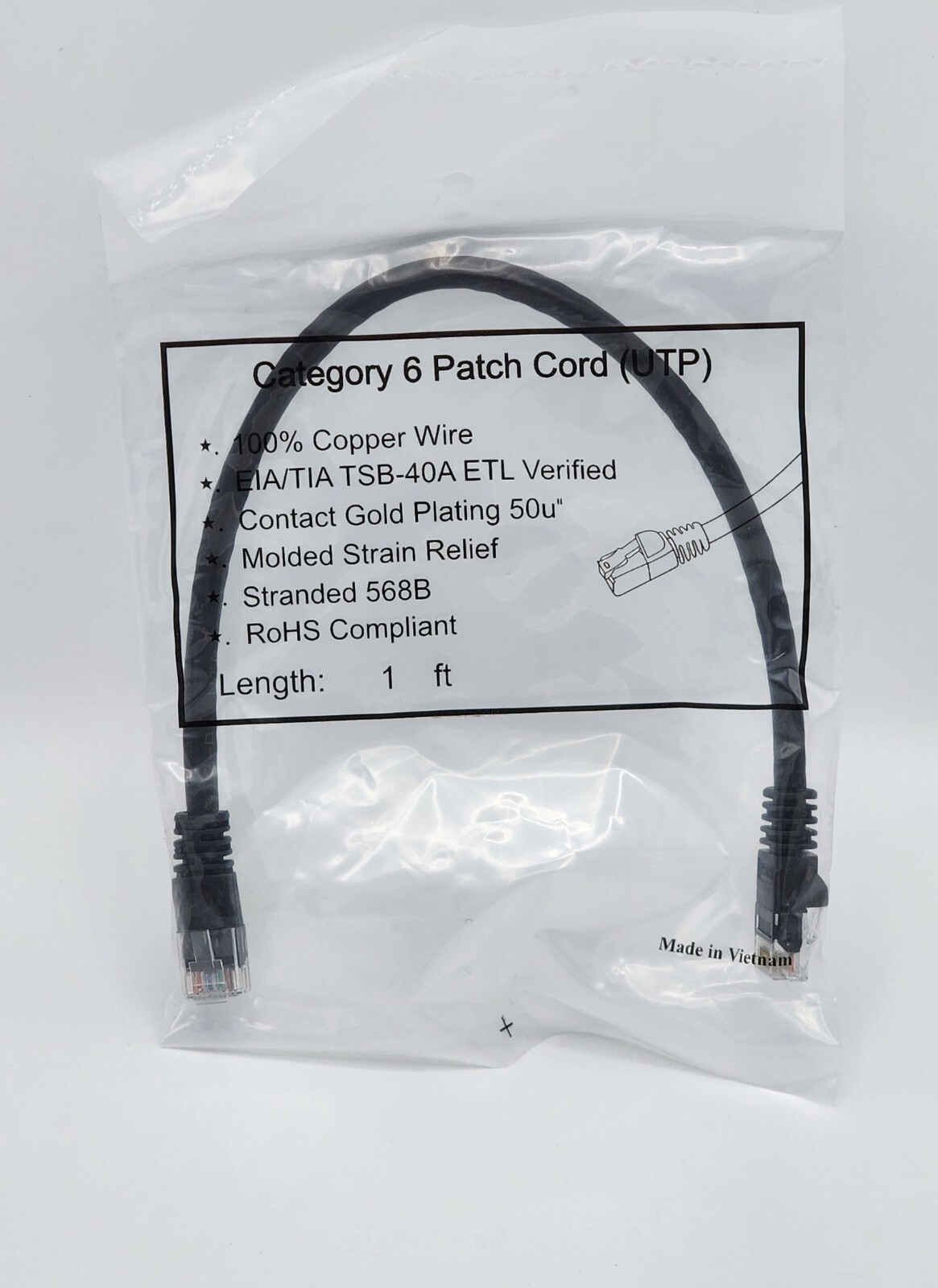 1ft. Cat6 UTP Patch Cable Molded Plugs Black Pure Copper Lot of 1,5,10