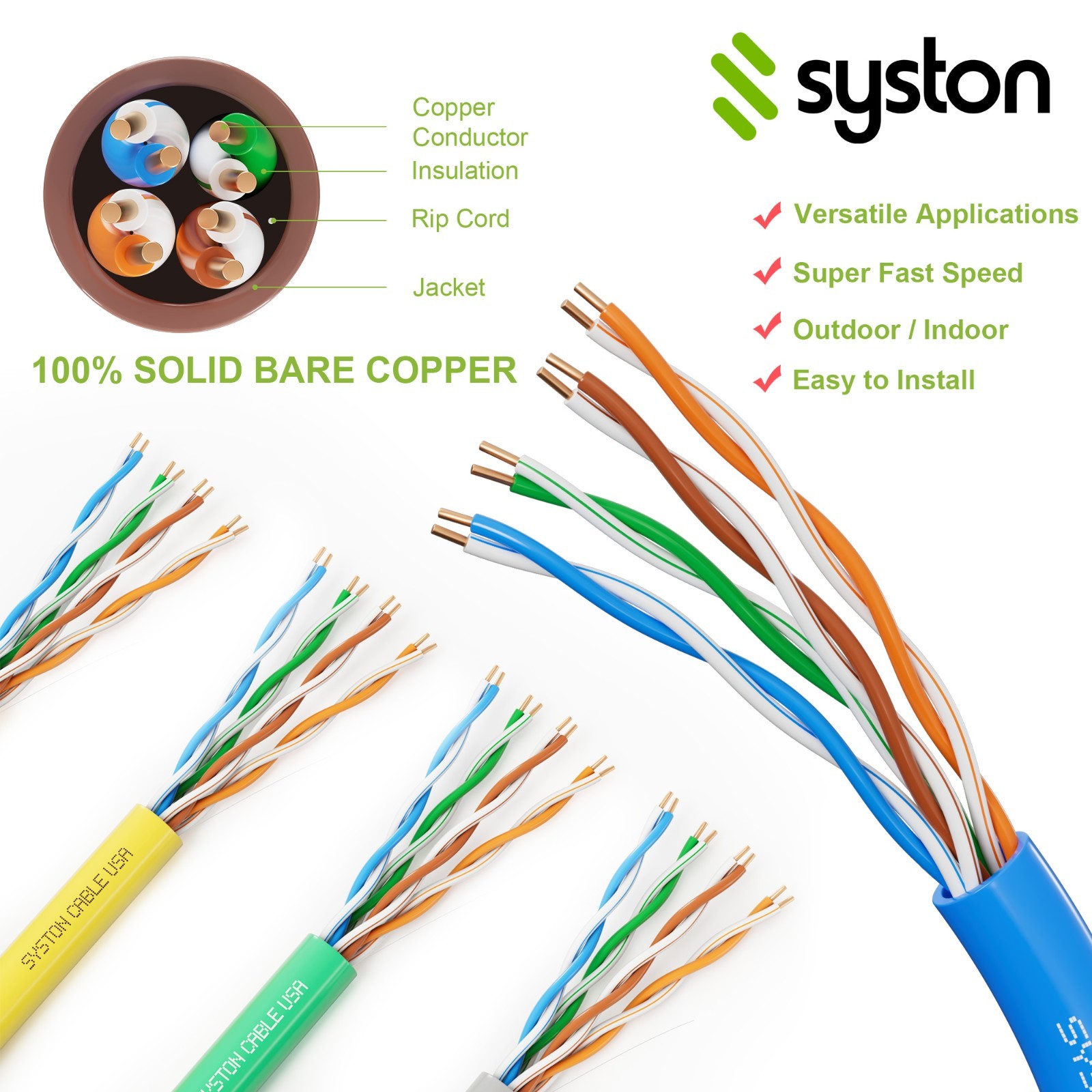 Syston Cat 5e Ethernet Network Cable 350MHz 24AWG UTP Solid Copper Wire-CMR Bulk