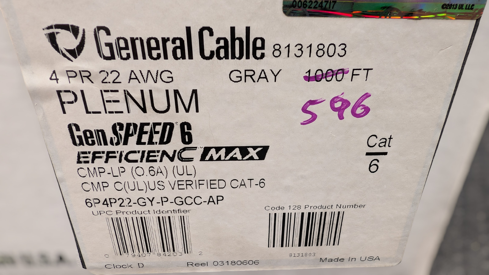 General Cable GenSPEED Efficienc MAX 4/22AWG Cat 6 Plenum PoE Gray 596ft