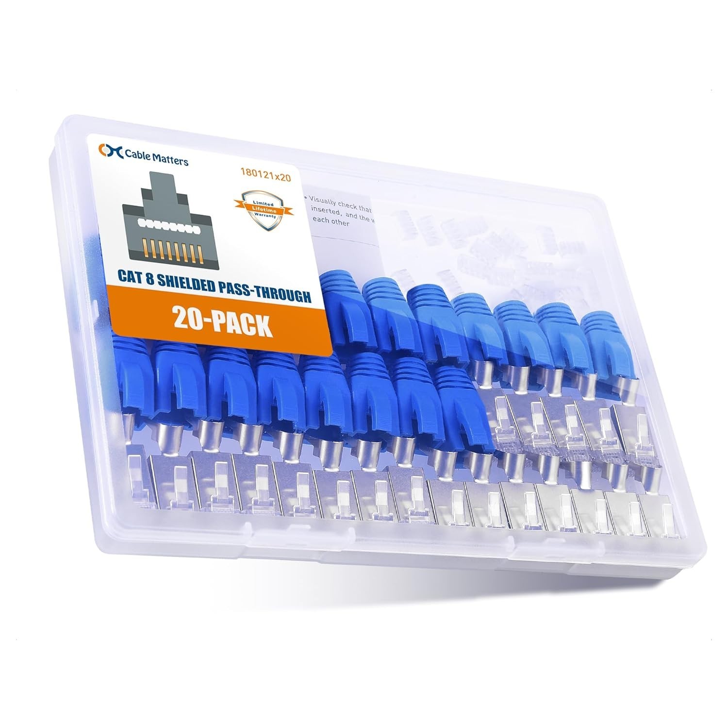 20-Pack Shielded Cat8 RJ45 Pass-Through Connectors, 23-24AWG