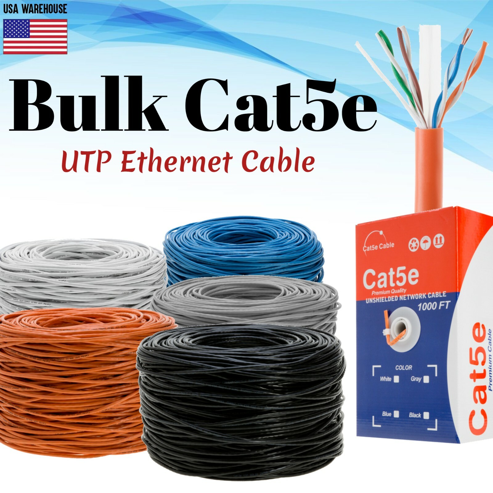PREMIUM CAT5e 500ft 1000ft UTP Bulk Ethernet Cable Solid Network Wire RJ45 24AWG