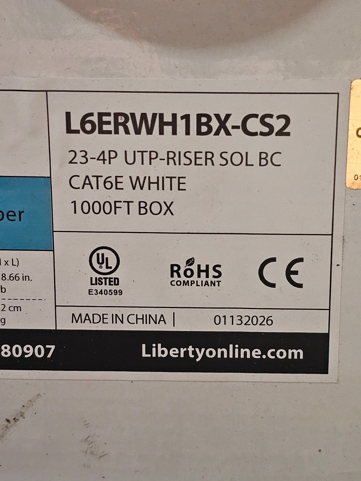 Liberty L6ERWH1BX-CS2 CAT 6E 1000′ 23/4 Pr Solid Non-Shielded Bare Copper Riser
