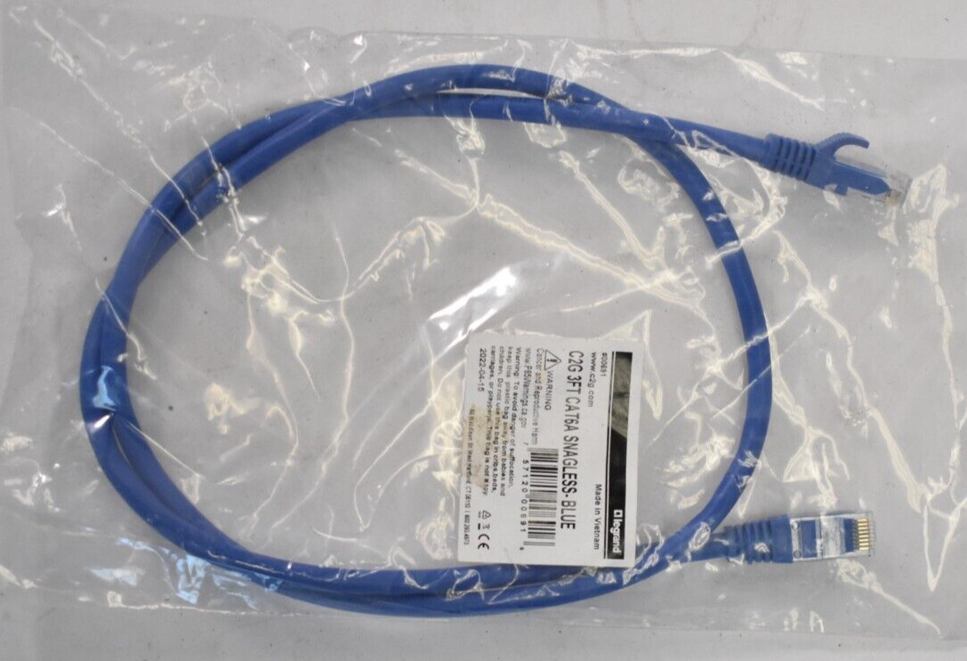 Lot of 5 LeGrand C2G 3′ Cat6A Snagless Blue Network Patch Cables Unshielded UTP
