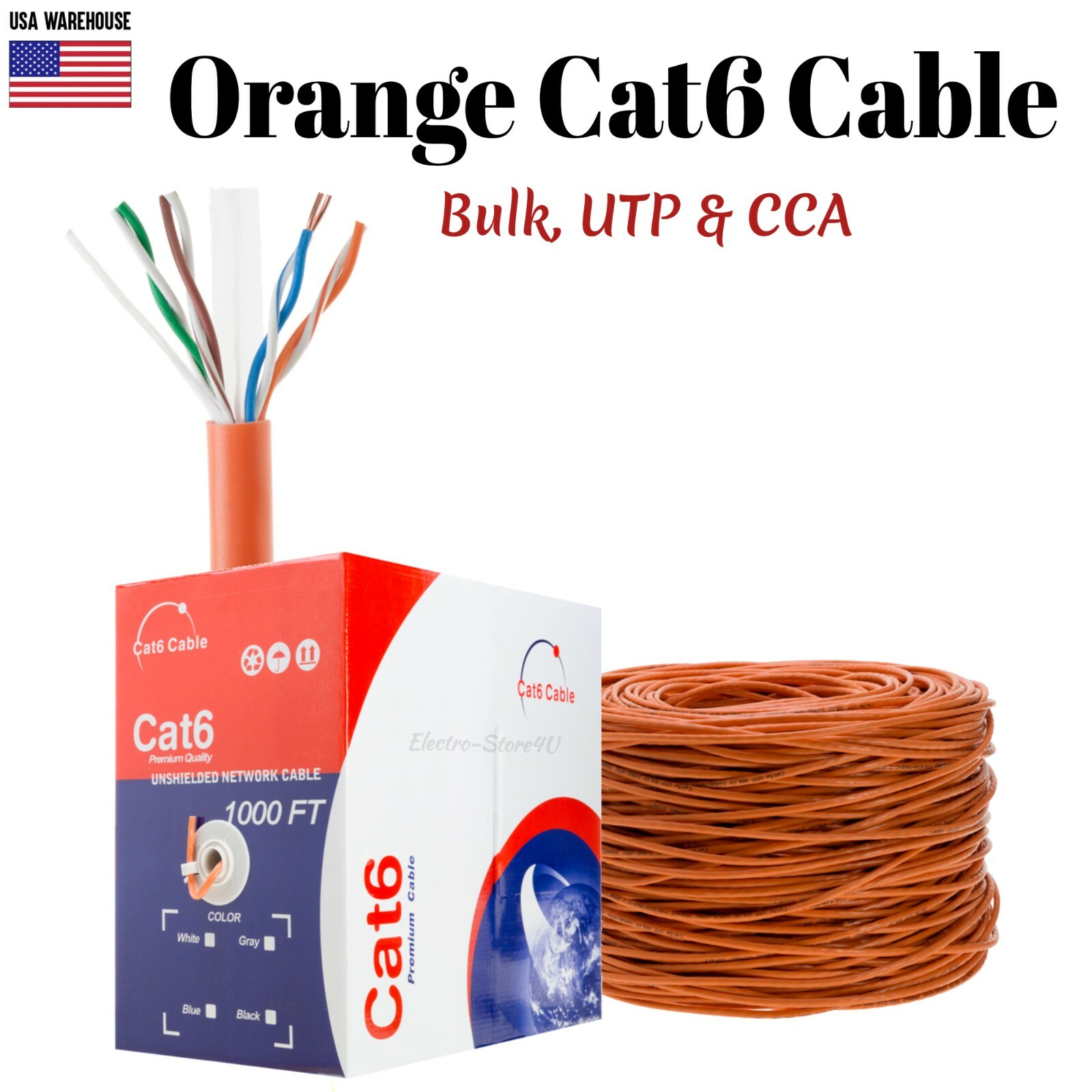 1000ft Cat6 Orange Ethernet Network Cable Solid 23AWG Copper Clad CCA Bulk Wire