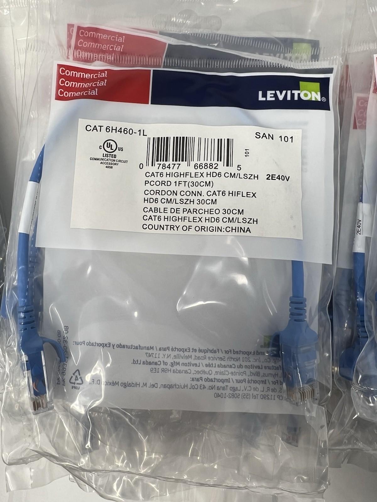 (90x) Leviton CAT 6H460-1L Cat 6 Small Diameter High-Flex Patch Cord, 1ft, Blue