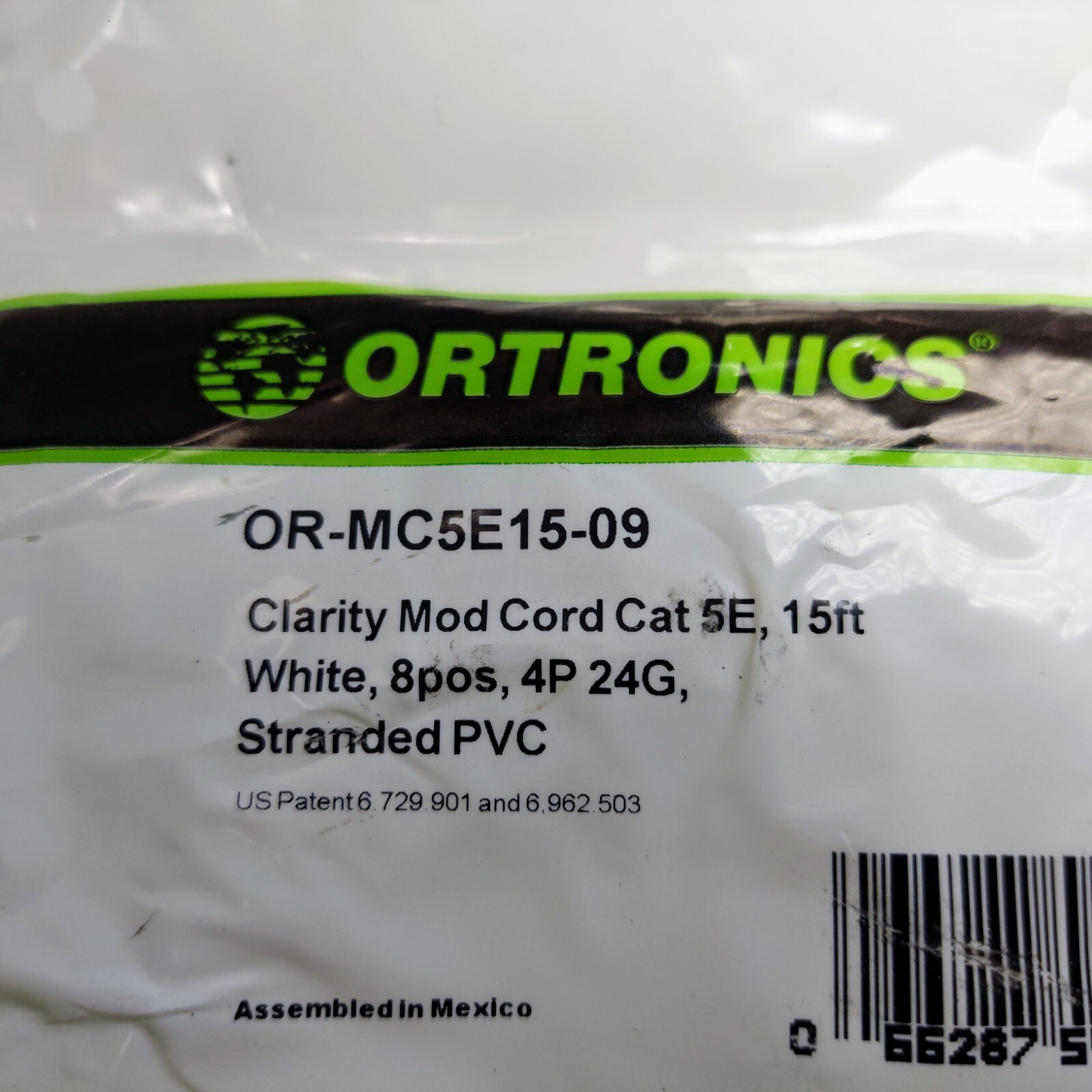 Ortronics Ethernet Clarity 5E Premium Category 5e Modular Patch Cord, White, 15’