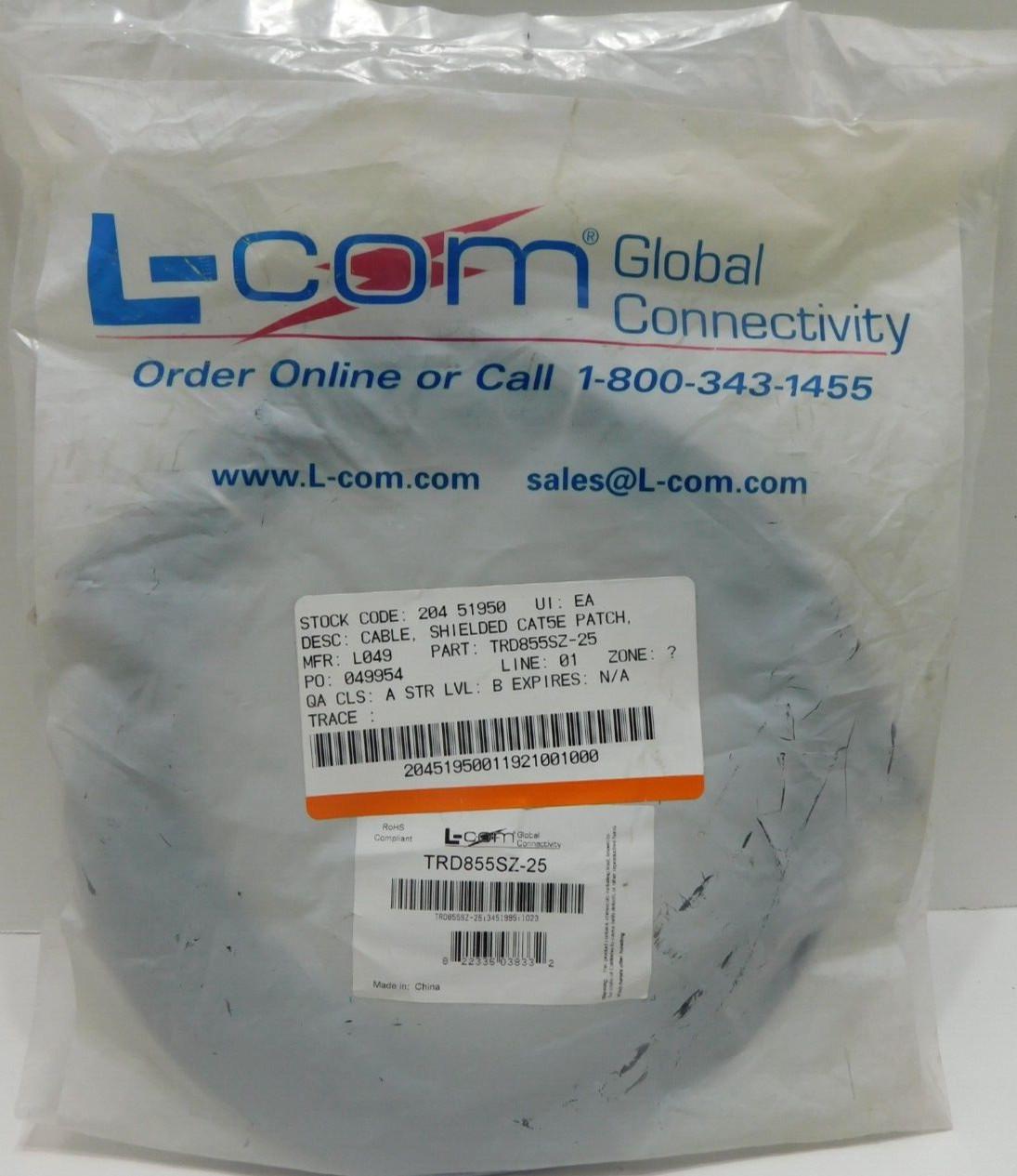 L-Com TRD855SZ-25 Sheilded Cat5E Patch / Network Cable 25 feet