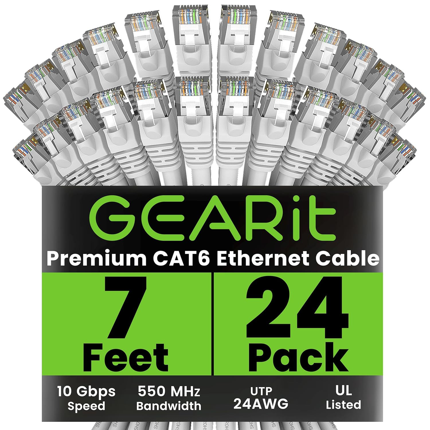 Cat 6 Ethernet Cable (24-Pack 7 Feet) Cat6 Network Patch, 10Gbps, RJ45, Snagless