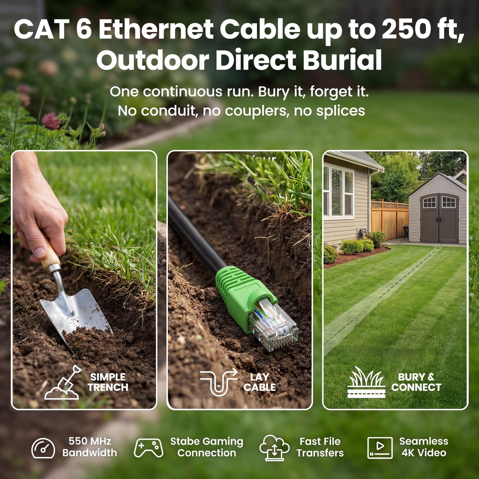GEARit Cat6 Ethernet Cable 200ft, Outdoor Direct Burial Cat 6 200 Feet, Black