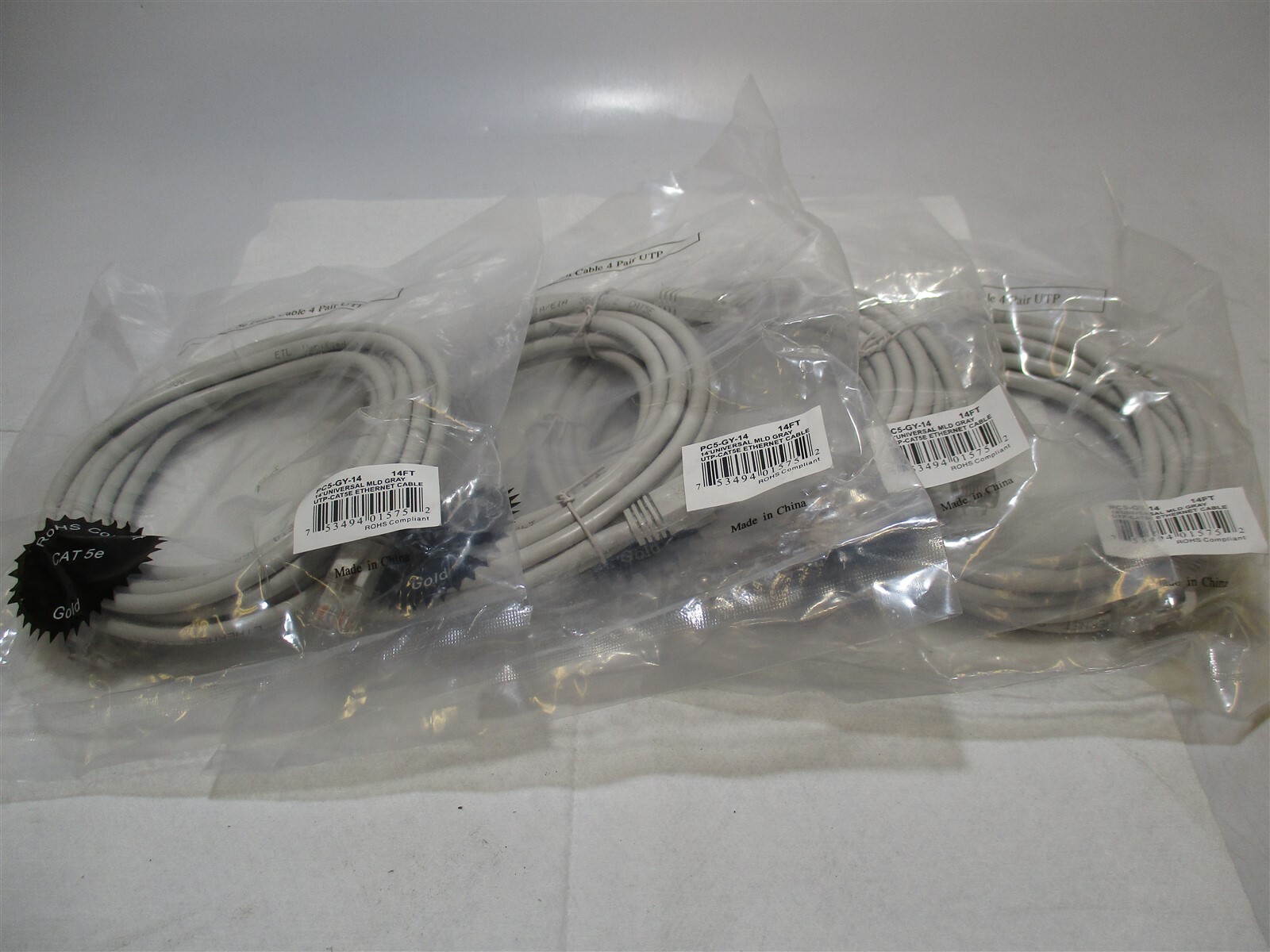 14 Ft Universal Gray CAT5e Ethernet Patch Cable w/ Snagless Boot – Lot of 4