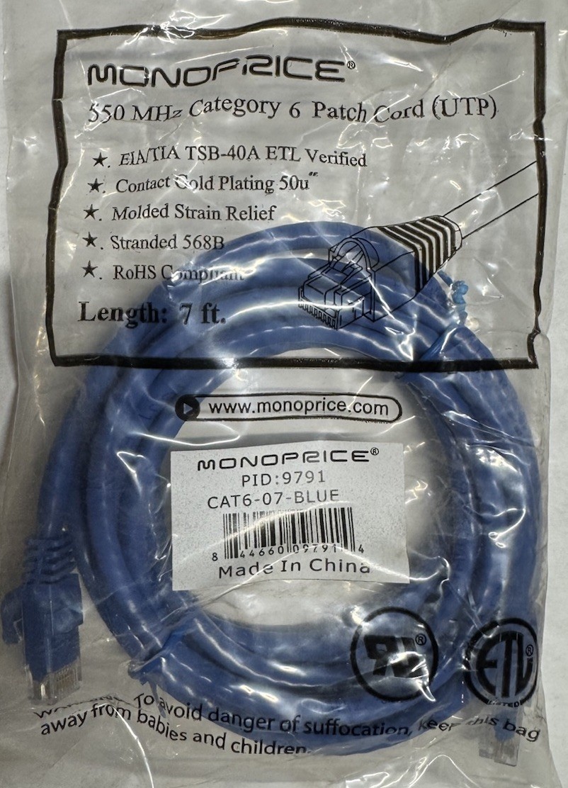 Monoprice CAT6 Ethernet Cable Blue/Yellow 7ft/10ft Bulk Packs & Singles UTP RJ45