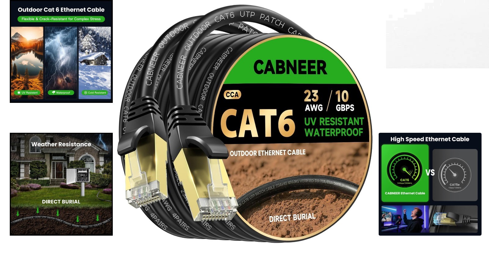 Outdoor & Indoor 30ft Cat 6 Ethernet Cable – UV Resistant 10Gbps, Direct Burial