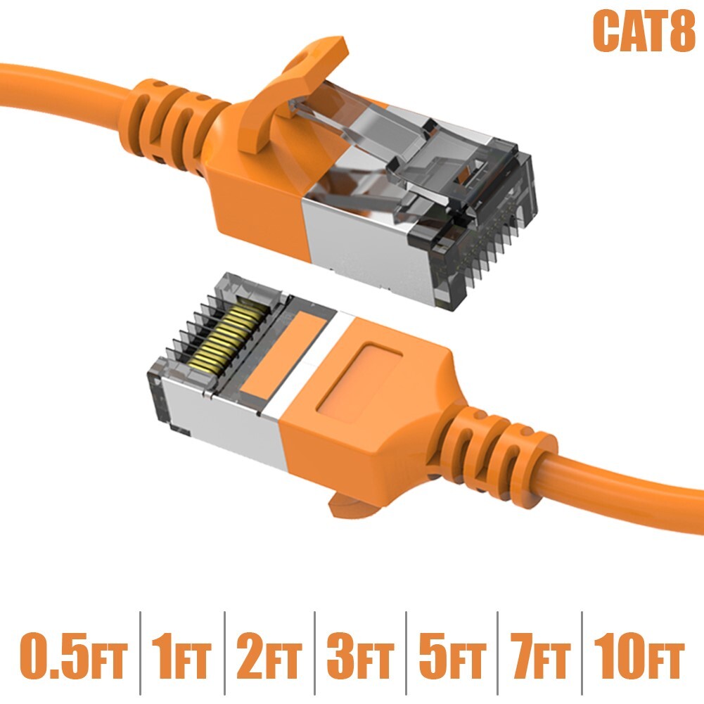 0.5-10FT Cat8 RJ45 Network LAN Ethernet Shielded Patch Cable Slim 30AWG Orange