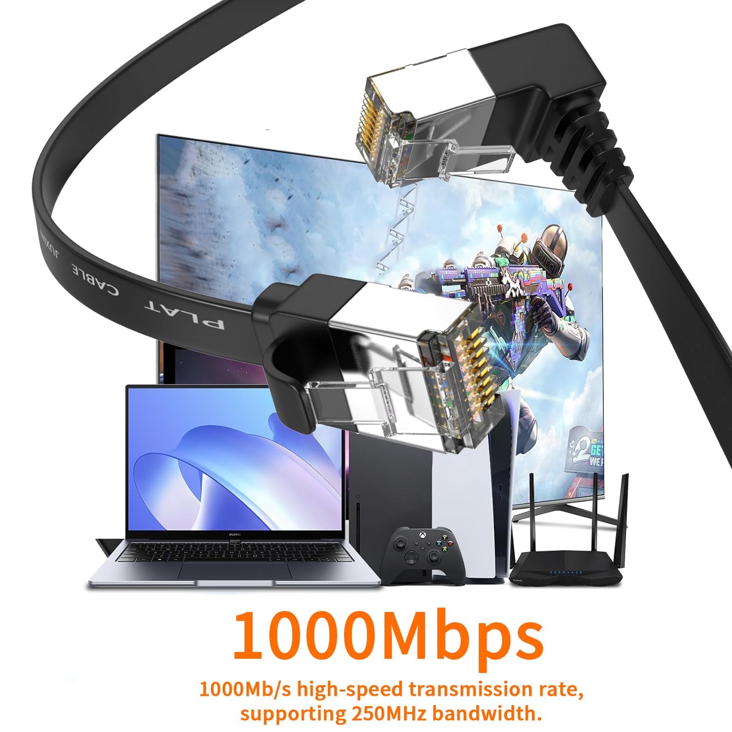 1 Pack 90 Degree Cat 6 Ethernet Cable 20FT Right Angle Flat Cord Black