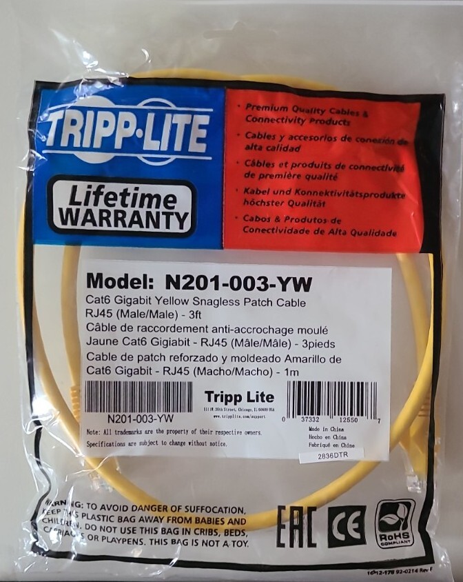 Tripp Lite 3FT RJ45 Male Cat6 Gigabit Snagless Molded Patch Cable – Yellow