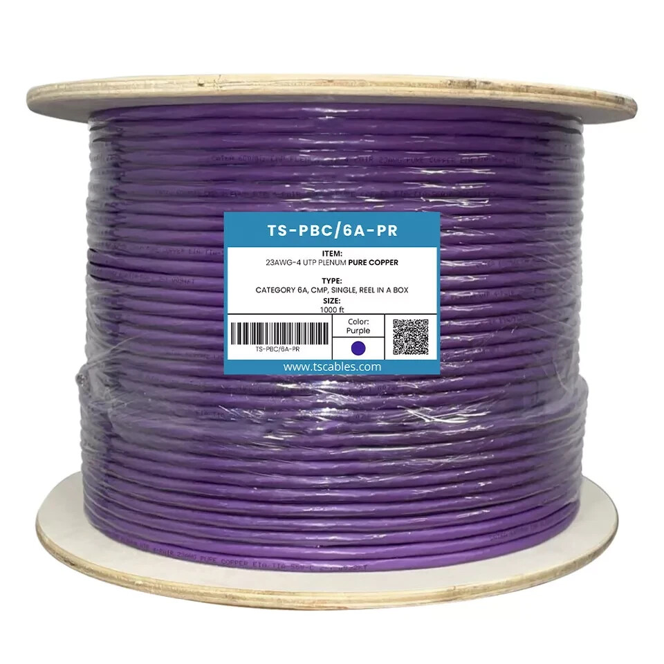TS Cables Cat6a Plenum Solid Bare Copper 750 Mhz 23 Awg UTP 1000ft Cable purple