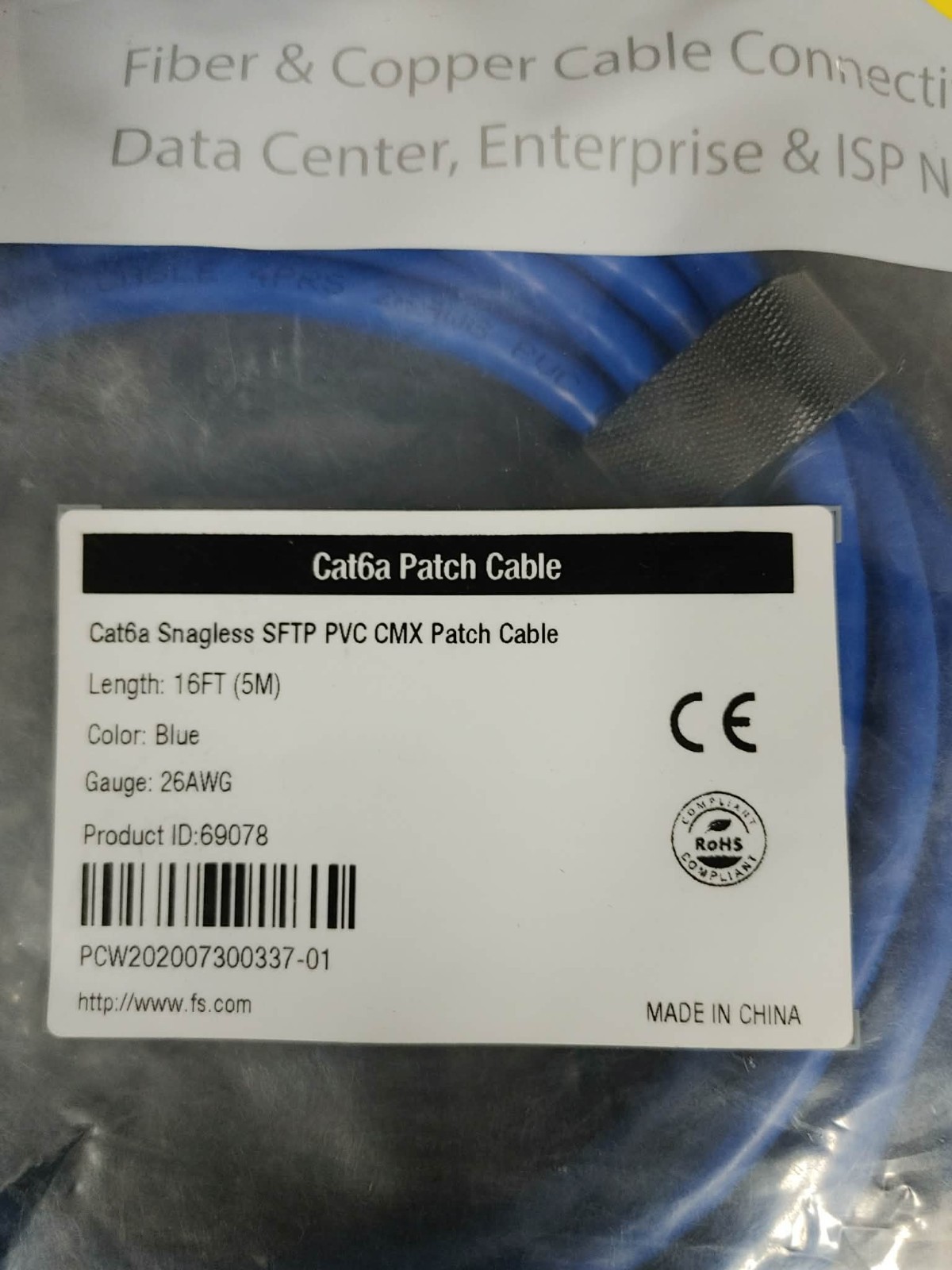 Lot of 6 FS 69078 Cat6a Snagless SFTP PVC CMX Patch Cable 16FT (5m) 26AWG Blue