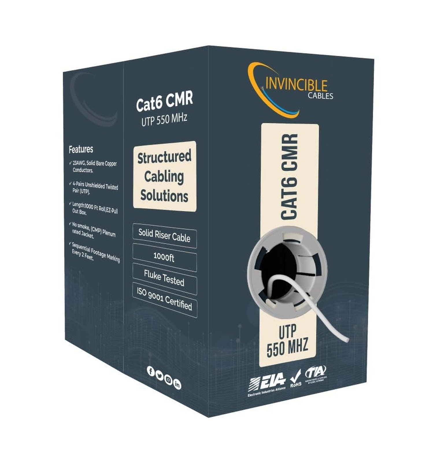 Cat6 Riser Rated(CMR) 1000ft Cable | 100% Solid Copper Conductors | 550 MHz,2…