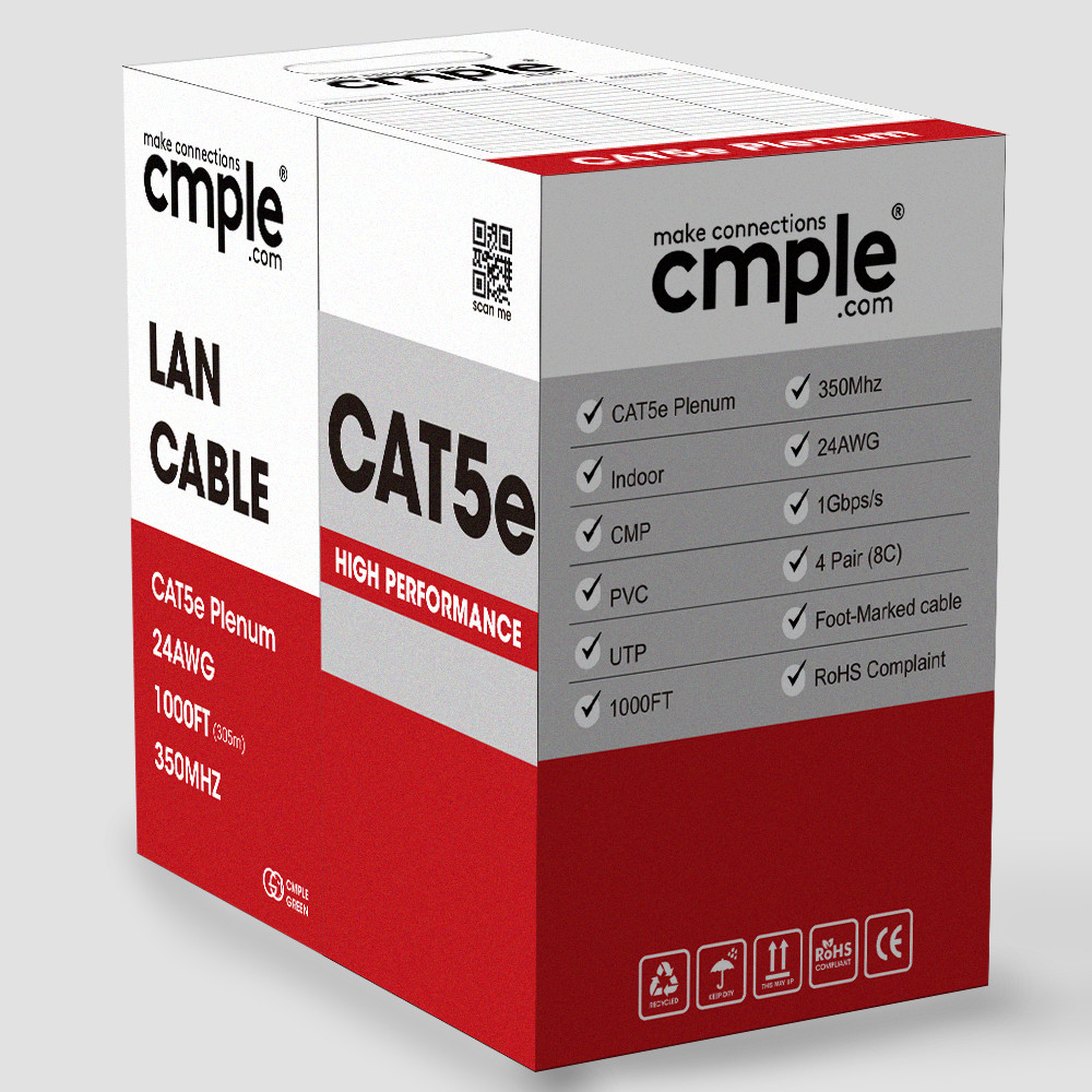 Cat5e Ethernet Cable 1000ft Plenum CMP Solid 24AWG UTP 350MHz Easy Pull Black