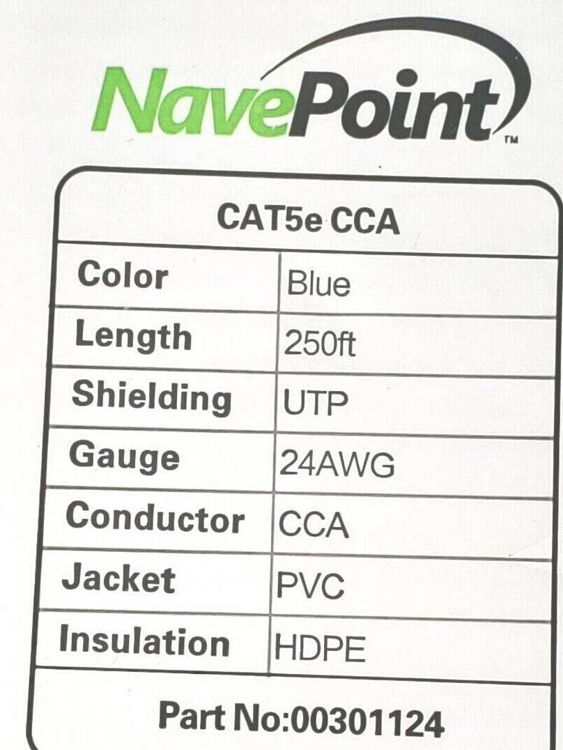 250 FT. Box / Spool – NavePoint CAT5e CCA Blue Ethernet Cable UTP / Unshielded