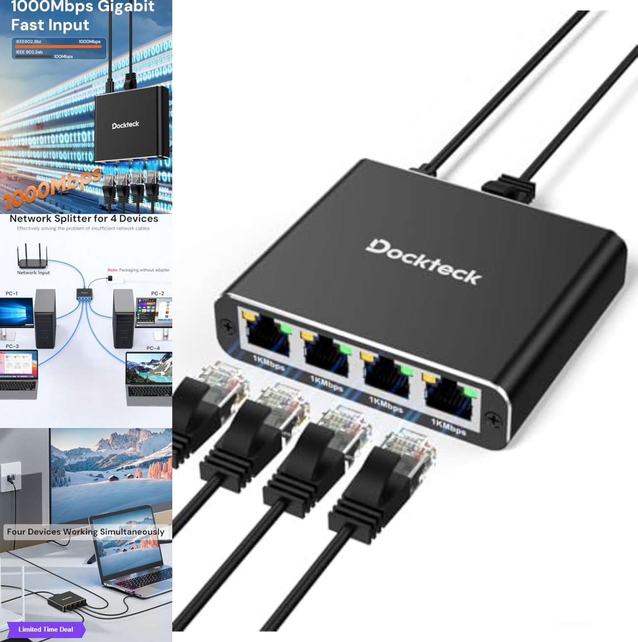 Ethernet Splitter 1 to 4 1000Mbps Gigabit Network Adapter Aluminum USB C