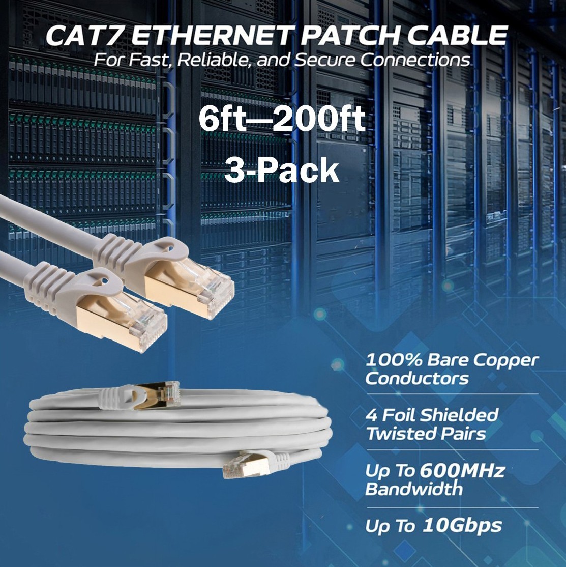 3-Pack CAT7 S/FTP Ethernet Patch Cord 600MHz Network Cable 6FT-200FT Gray Lot