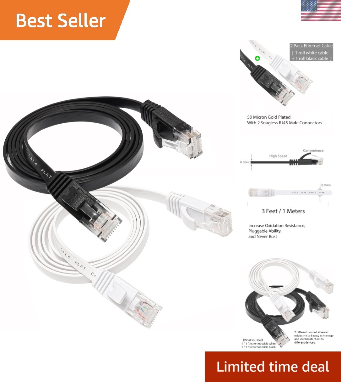Cat 6 Ethernet Cable 3FT Pack – High-Speed Flat Design, Versatile Connectivity