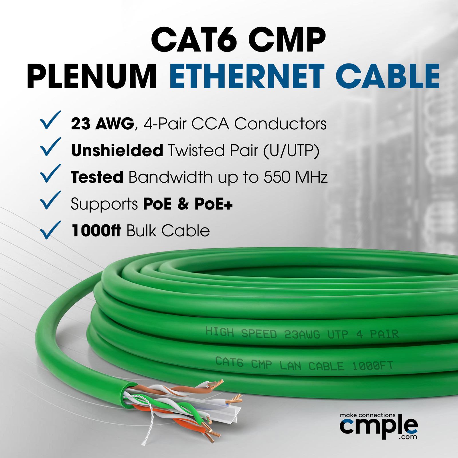 Plenum CAT6 Cable Bulk 1000FT 23AWG UTP Solid Wire 550MHz RJ45 CMP Ethernet Cord