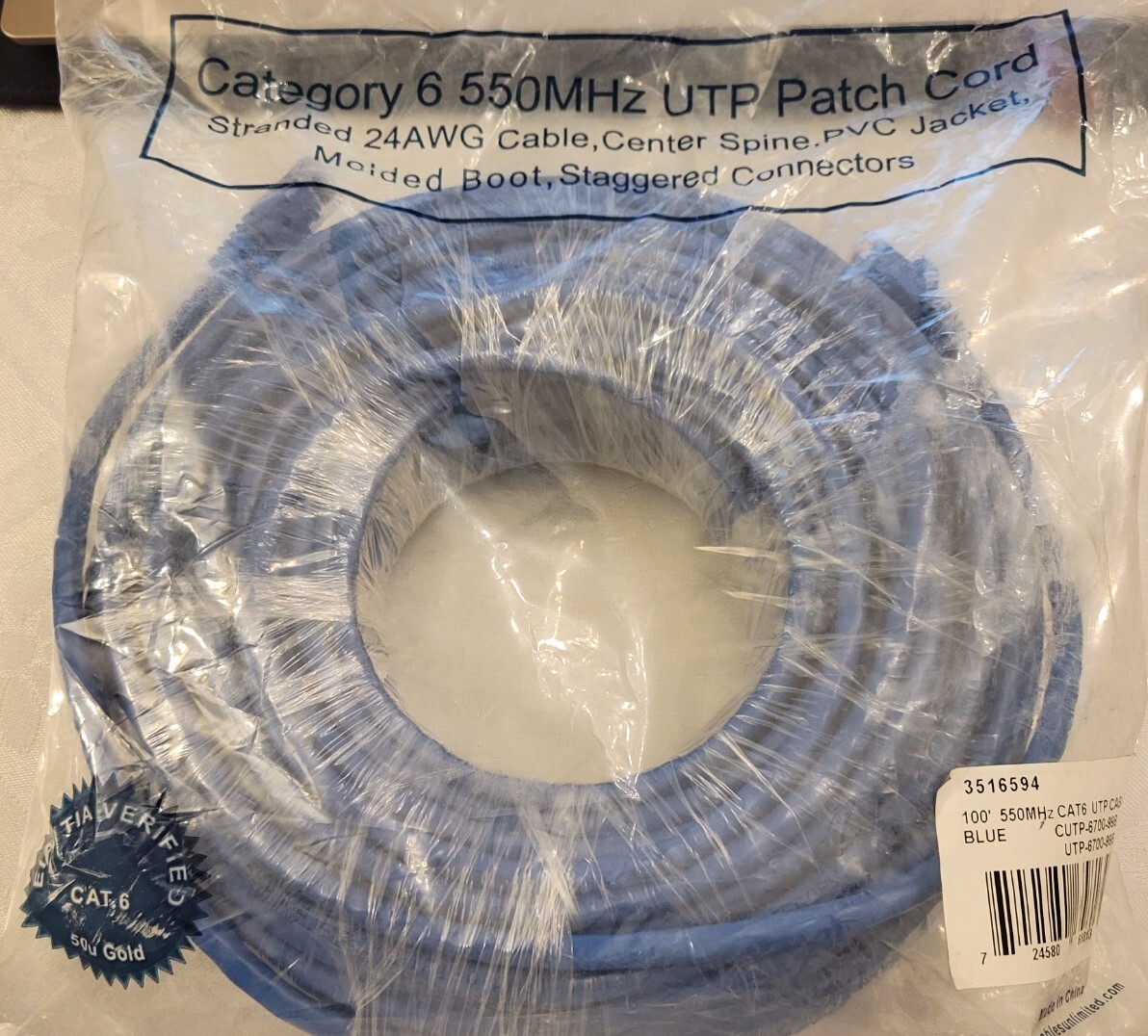 Cat 6 550MH UTP Patch Cord Stranded 24WG Cable Center Spine PVC Jacket Molded