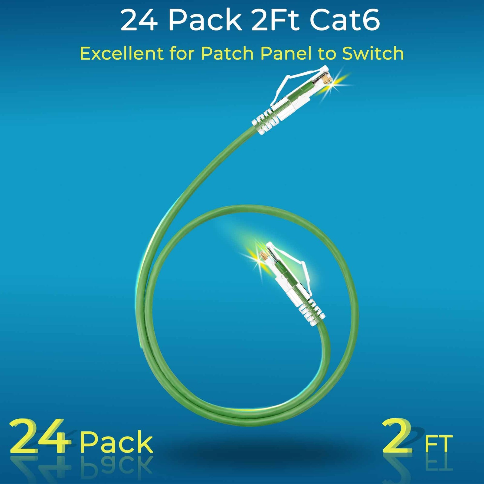 Rapink Cat6a Ethernet Patch Cables 2ft 24 Pack Slim Snagless Green 20G Support