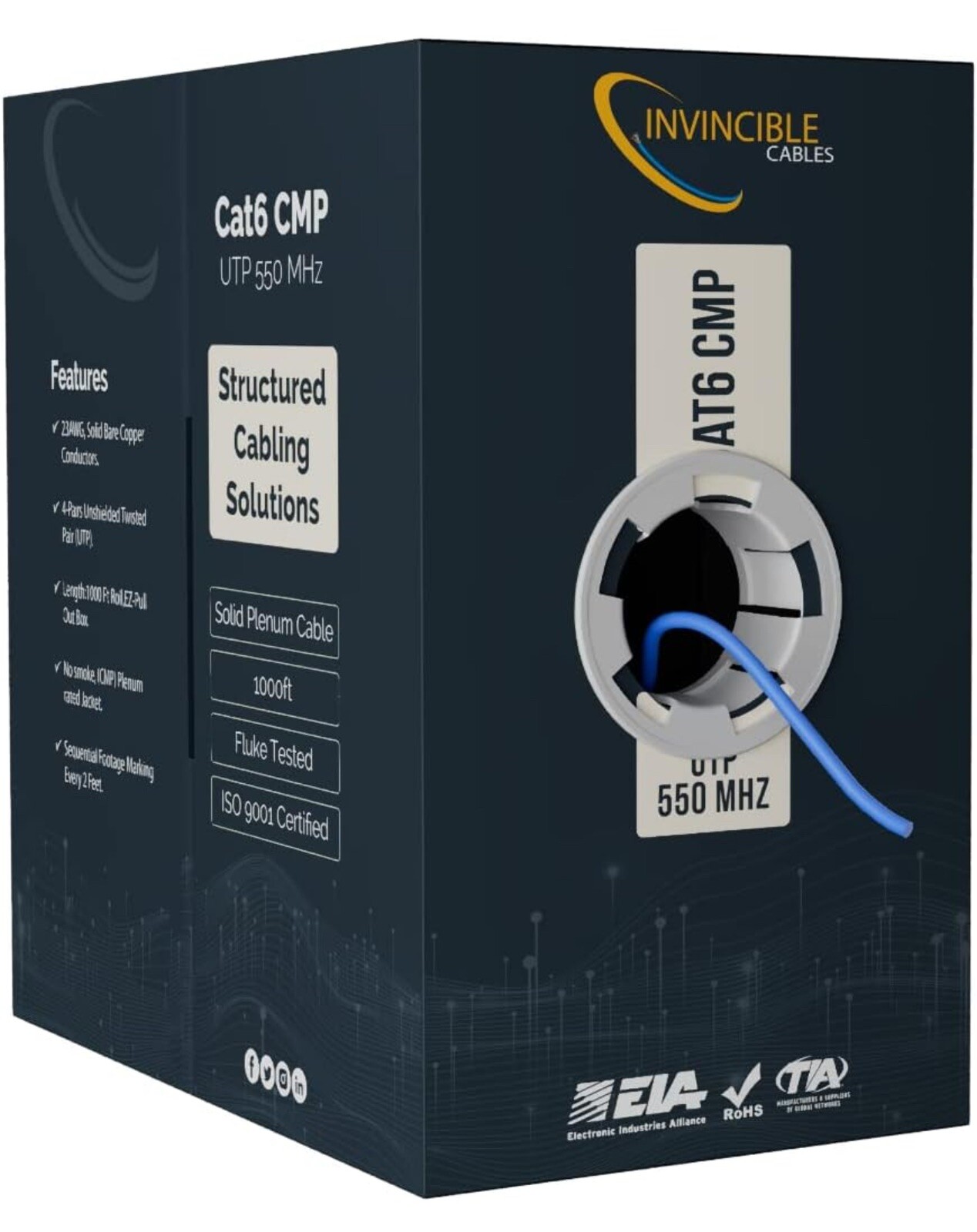Invincible Cables Cat6 Plenum (CMP) 1000ft Cable | 100% Solid Copper Conductors