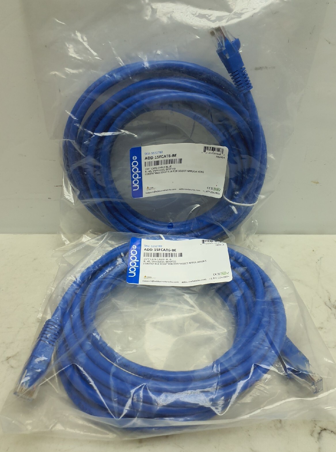 2 Pack AddOn 15ft RJ-45 Male to RJ-45 Male Straight Blue Cat6 UTP PVC Patch