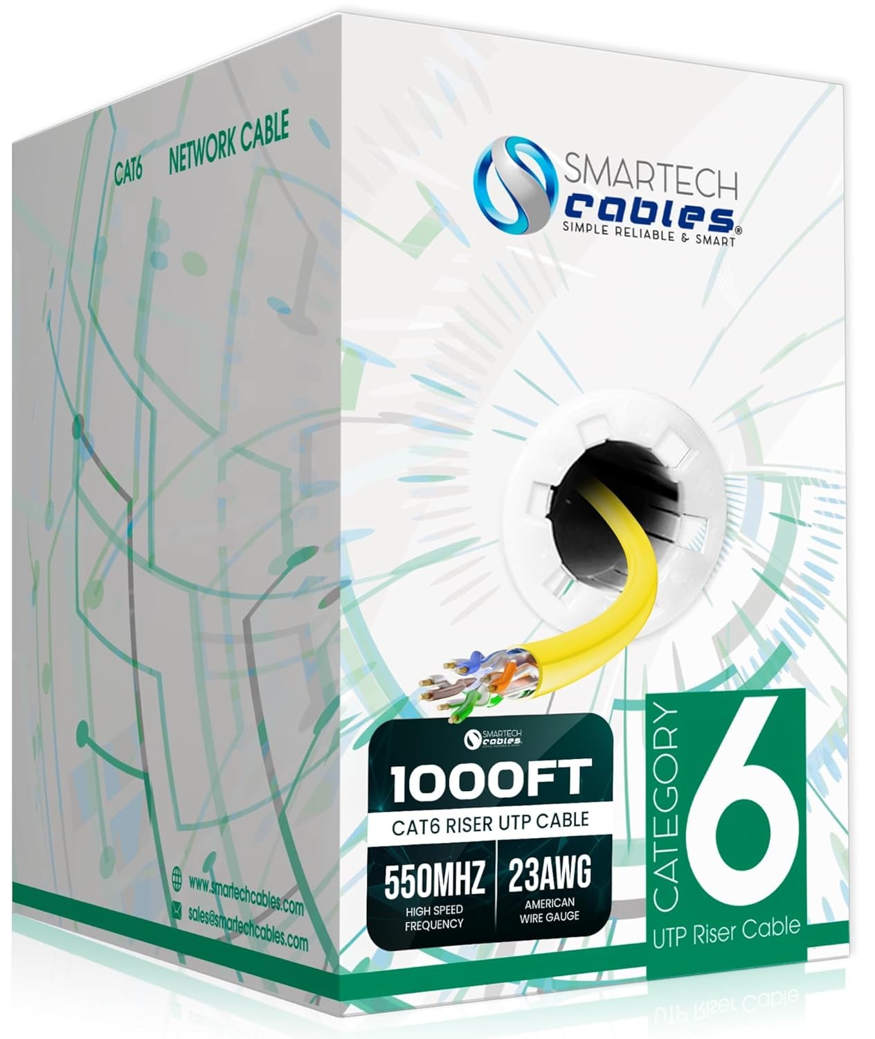 CAT6 Ethernet Cable, Bulk Riser, 23AWG, UTP 4Pairs, 550MHz 10Gbps, Easy Pull Box