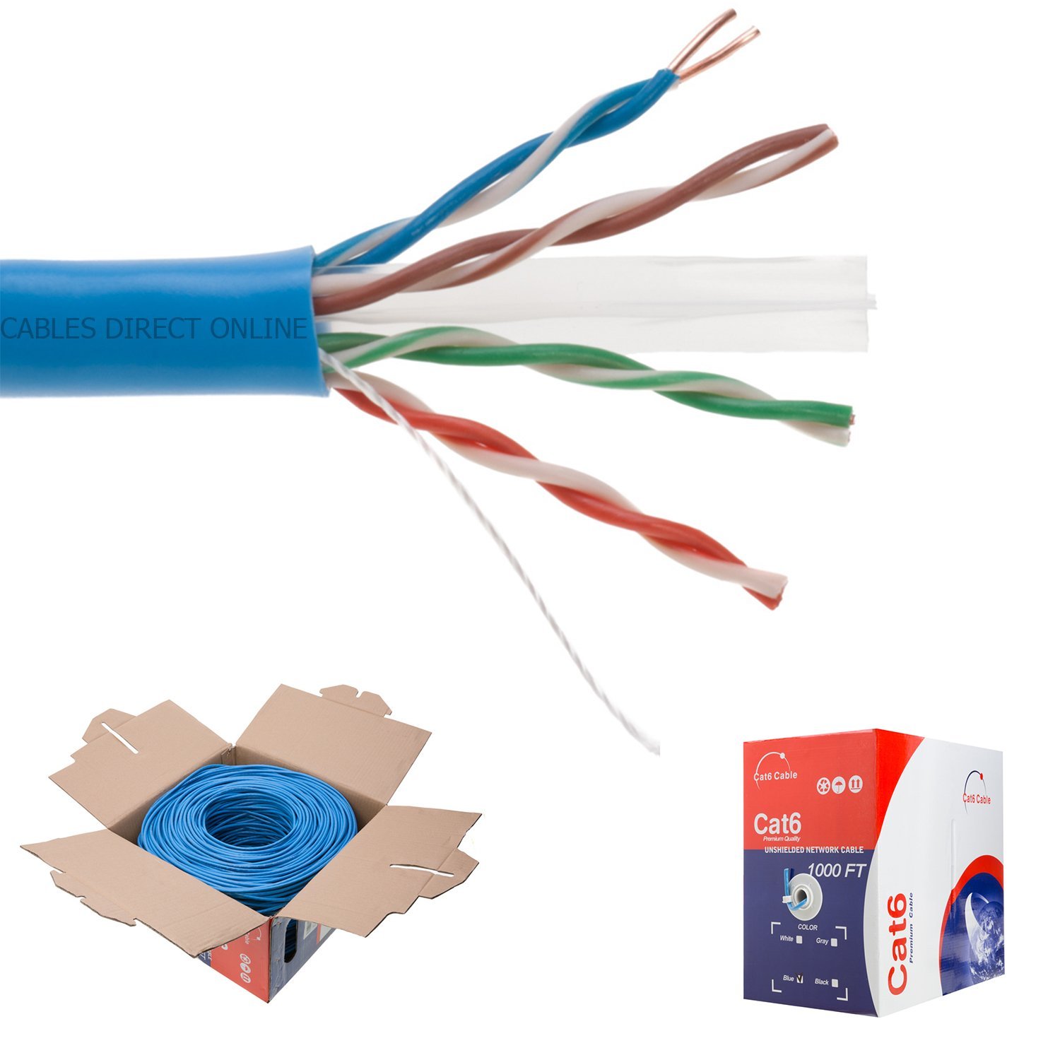 Plenum CAT6 1000FT CMP Cable White  Blue  Black Solid 23 AWG Bulk Box Wire NEW