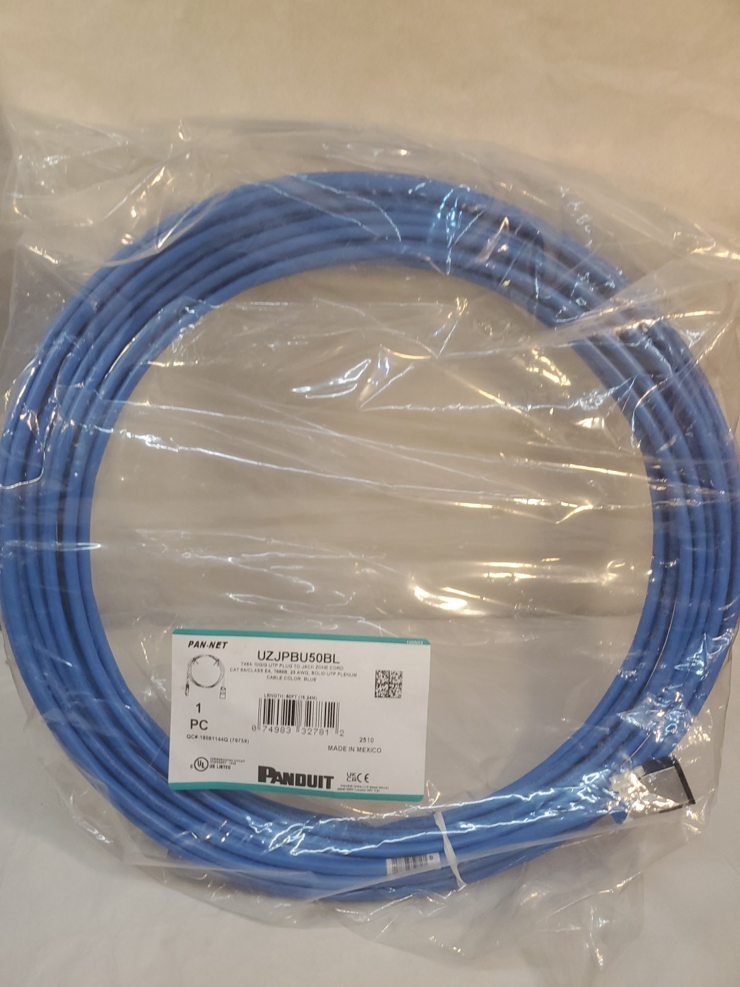 Panduit Cable Assembly UZJPBU50BL Category 6A, UTP, Solid, Plenum, Blue, 50 ft.