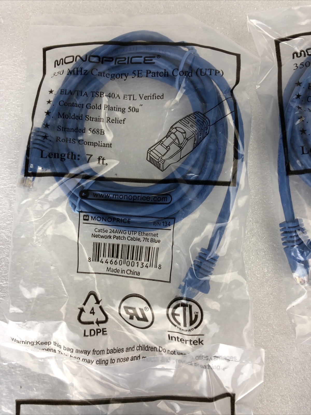 Monoprice Blue 7ft 5E Ethernet Patch Cord (UTP) – RJ45 350Mhz (Lot of 4)