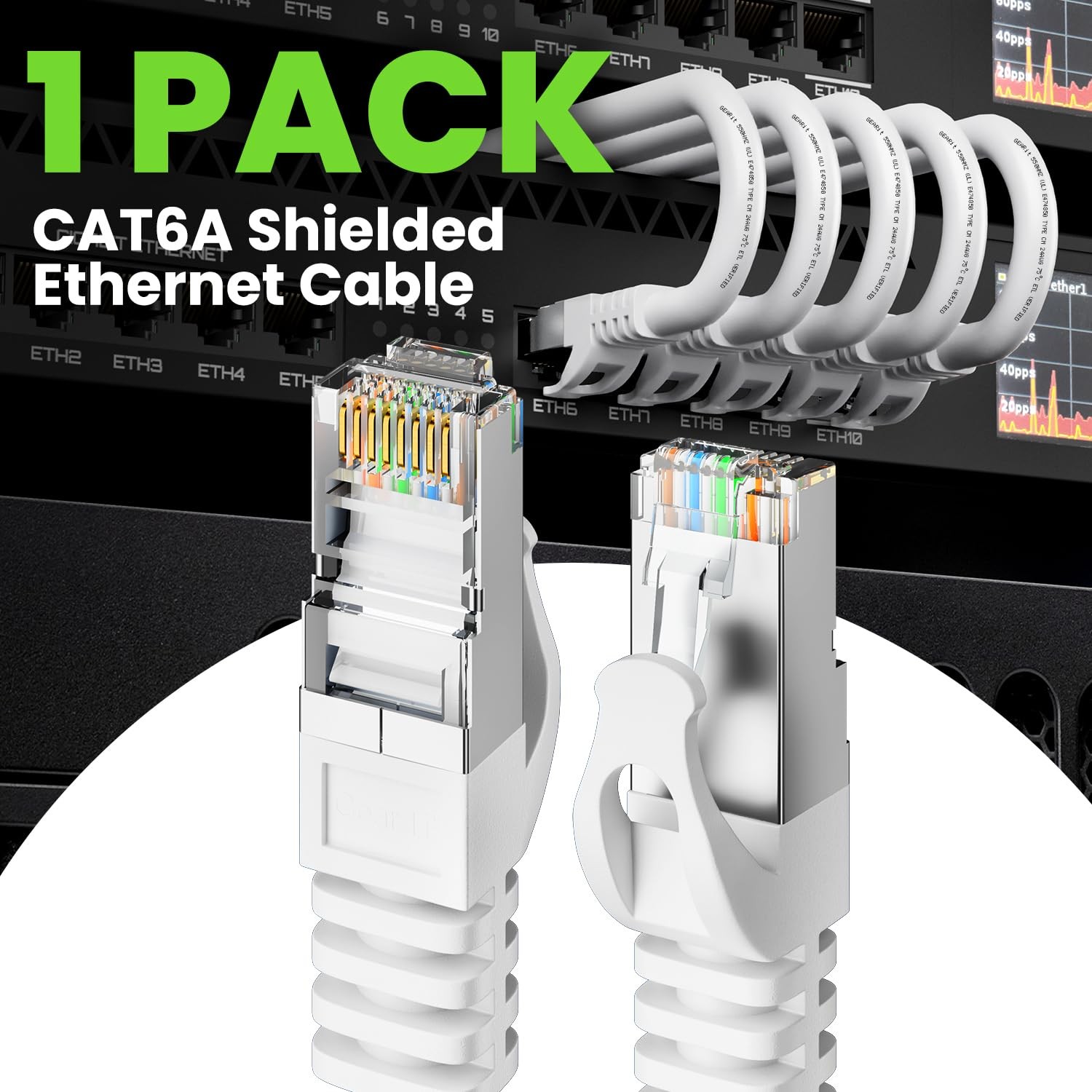 Cat6A Shielded Ethernet Cable 30 ft White 10Gbps SSTP SFTP Network Cord