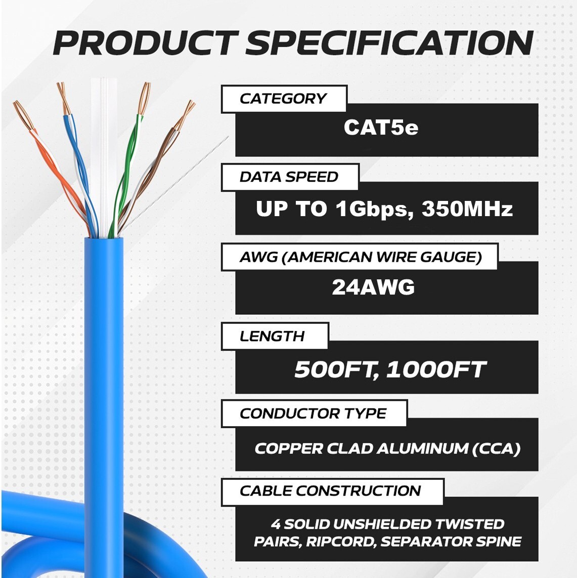 1000ft CAT5e UTP Solid Ethernet Network LAN Cable 24AWG Pull Box Bulk Wire Black