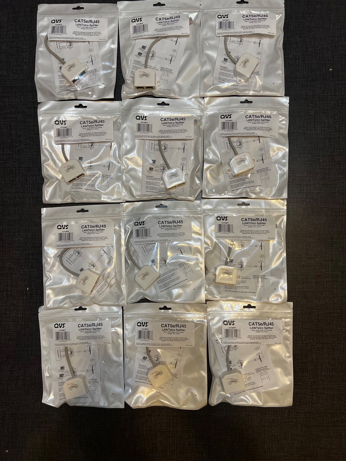 ONE LOT OF (12) – QVS # C5YMFF CAT5e/RJ45 Male to 2 Female LAN/Telco Splitters