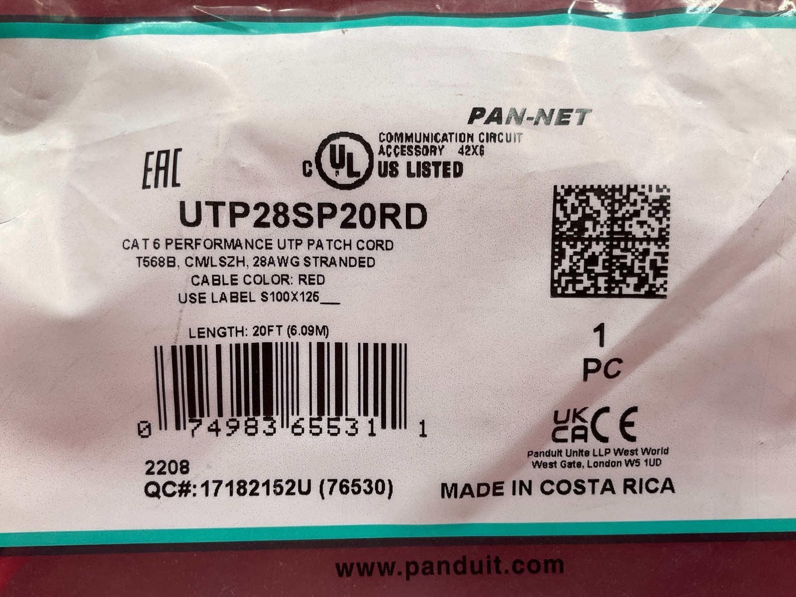Panduit CAT-6 Booted, Snagless Patch Cable – 20 feet red UTP28SP20RD ✅❤️️✅❤️️