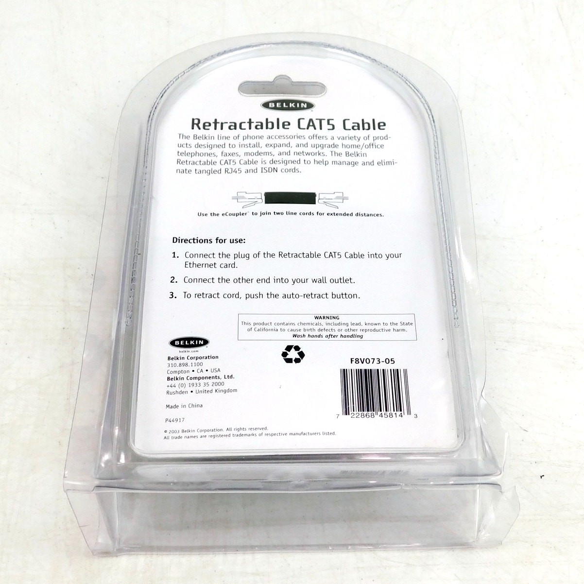 Belkin Retractable CAT5 Ethernet Cable New Factory Sealed 5 Foot RJ45 F8V073-05