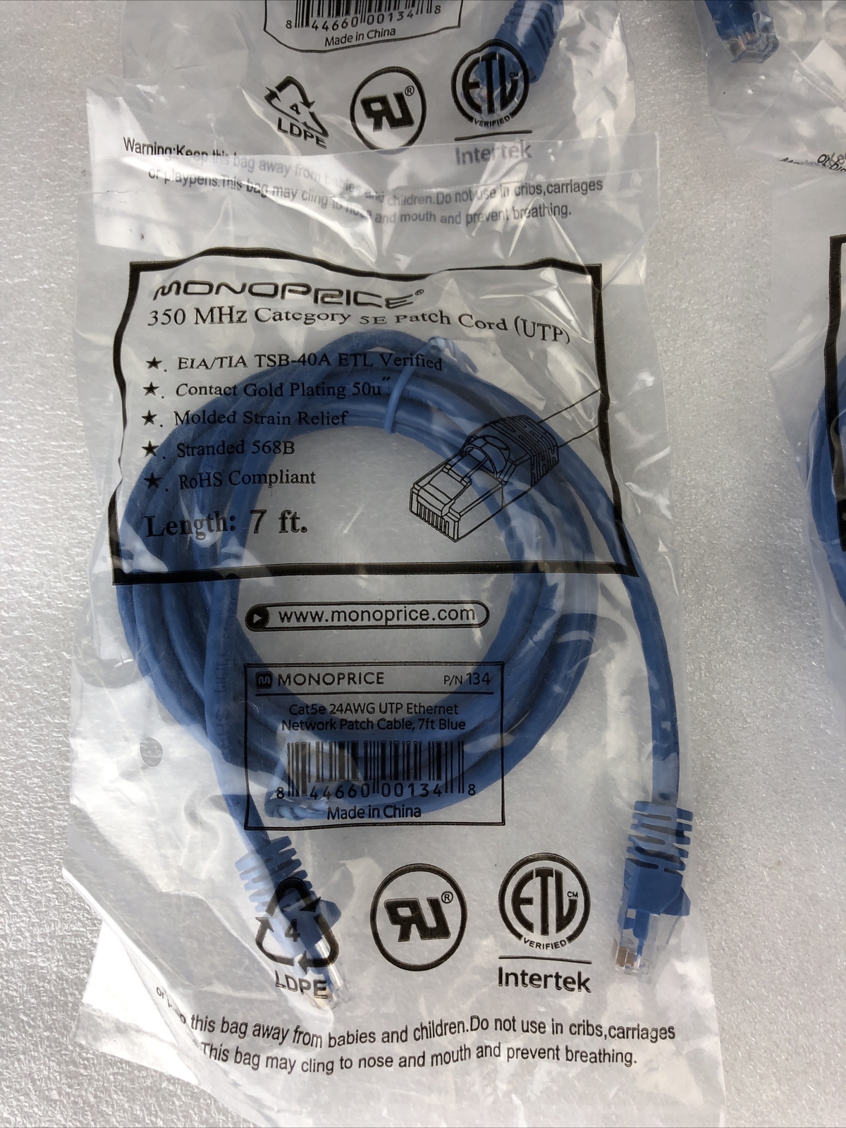 Monoprice Blue 7ft 5E Ethernet Patch Cord (UTP) – RJ45 350Mhz (Lot of 4)