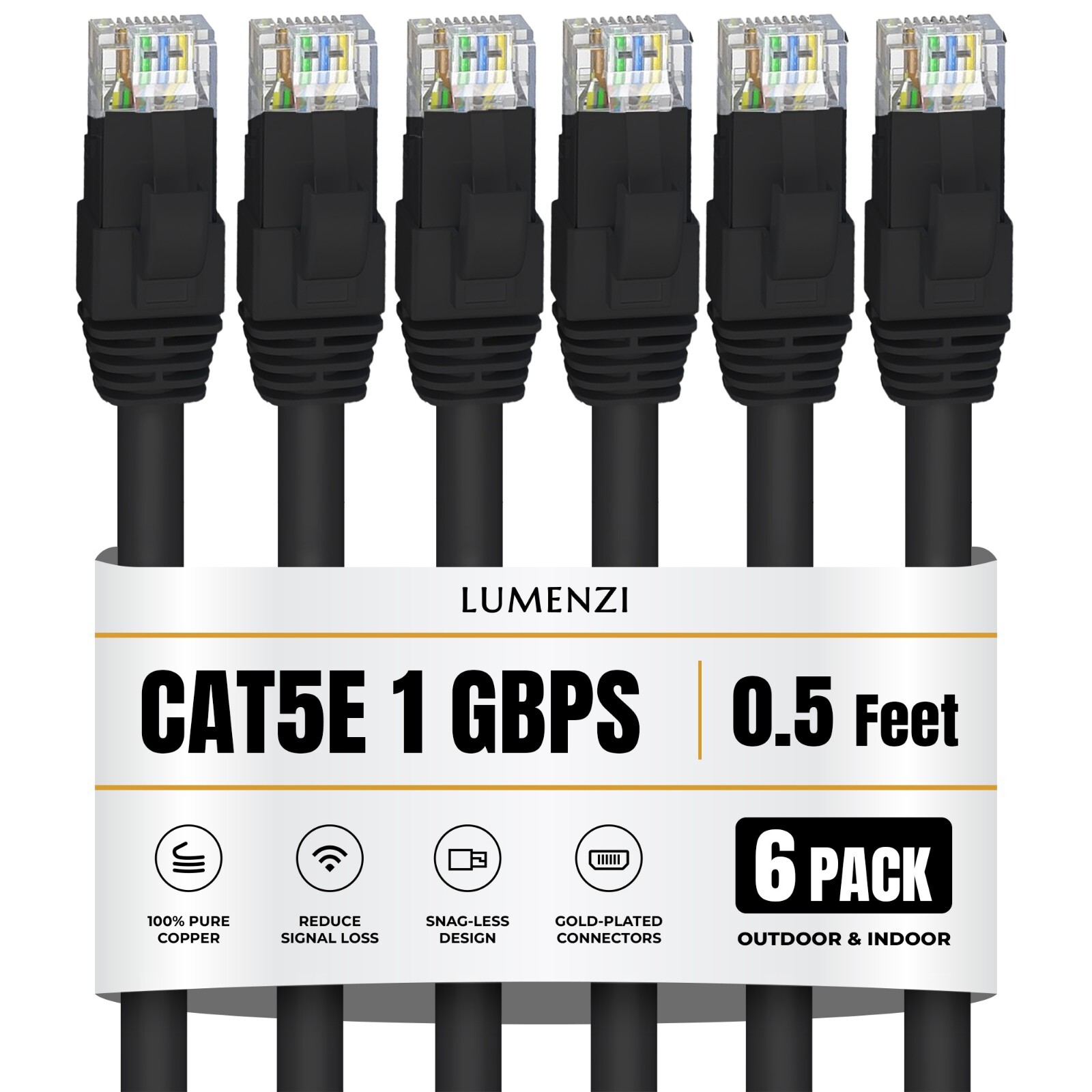 Cat 5e Ethernet Cable Black 1 Gbps Network Round Rj45 0.5, 1, 3, 5, 7, 14ft