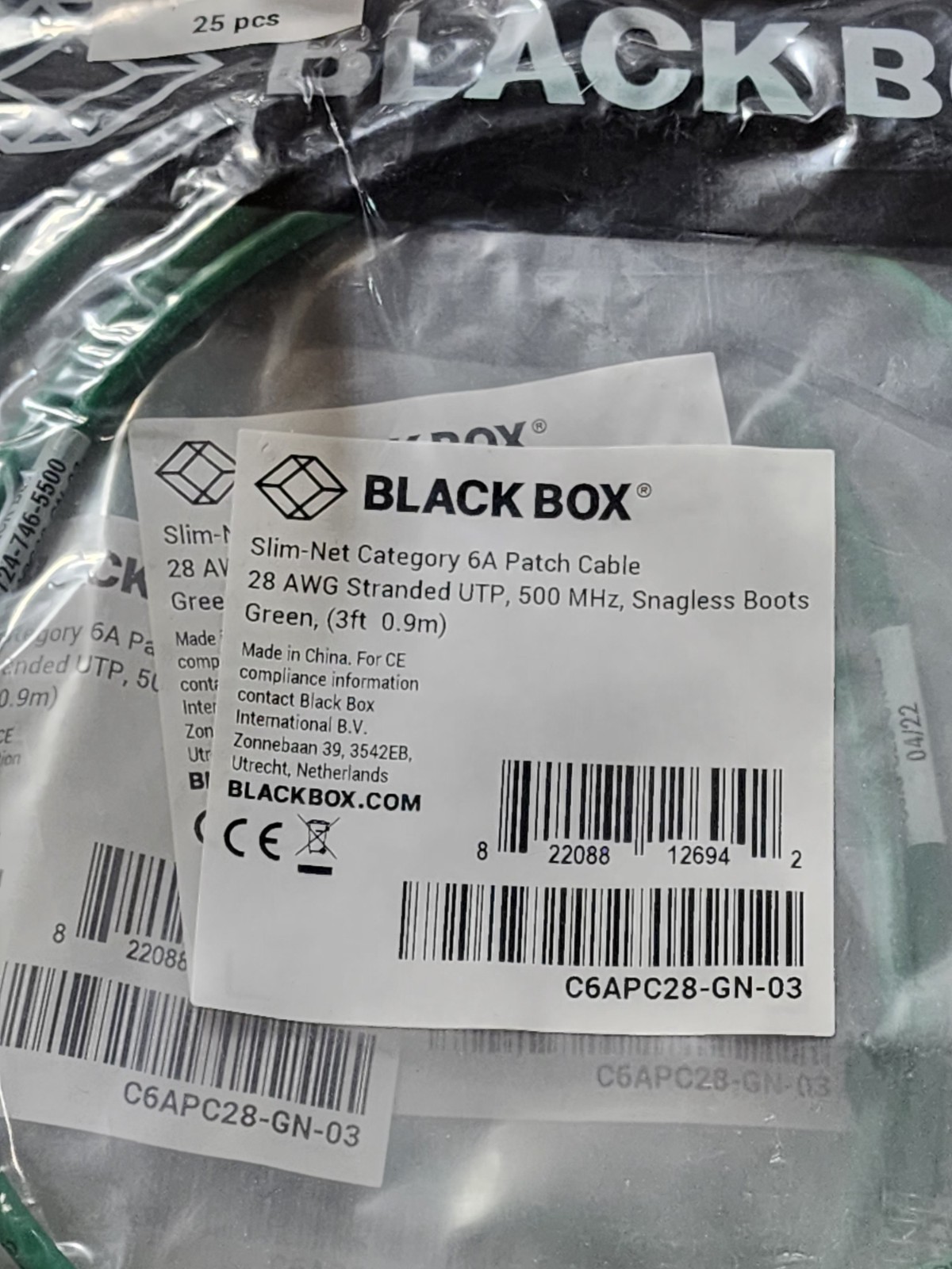 100 Pack 3ft Green Black Box Slim-Net Cat 6A Patch Cable 28AWG UTP Snagless