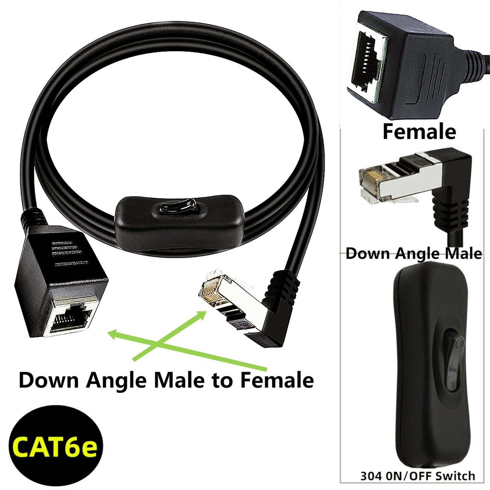 RJ45 Extension Cable CAT6e Ethernet 90 Degree Male To Female Switch 3.3 Ft