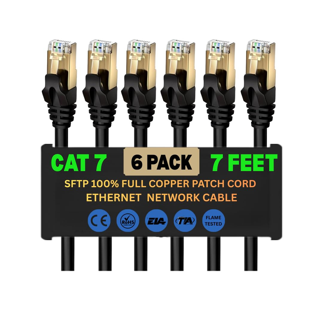 Cat7 SFTP Ethernet Patch Cord 7Ft – 100% Pure Copper LAN Cable, Double Shielded