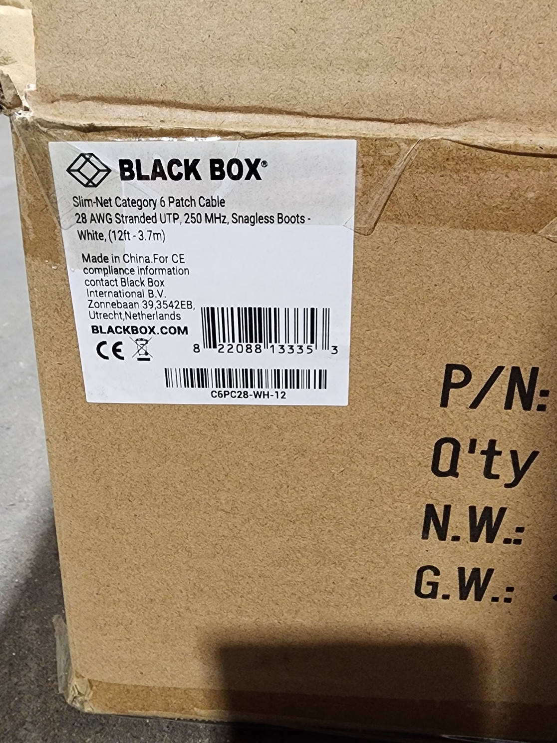 50 Pack 12ft White Black Box Slim-Net Cat 6 Patch Cable 28AWG UTP Snagless