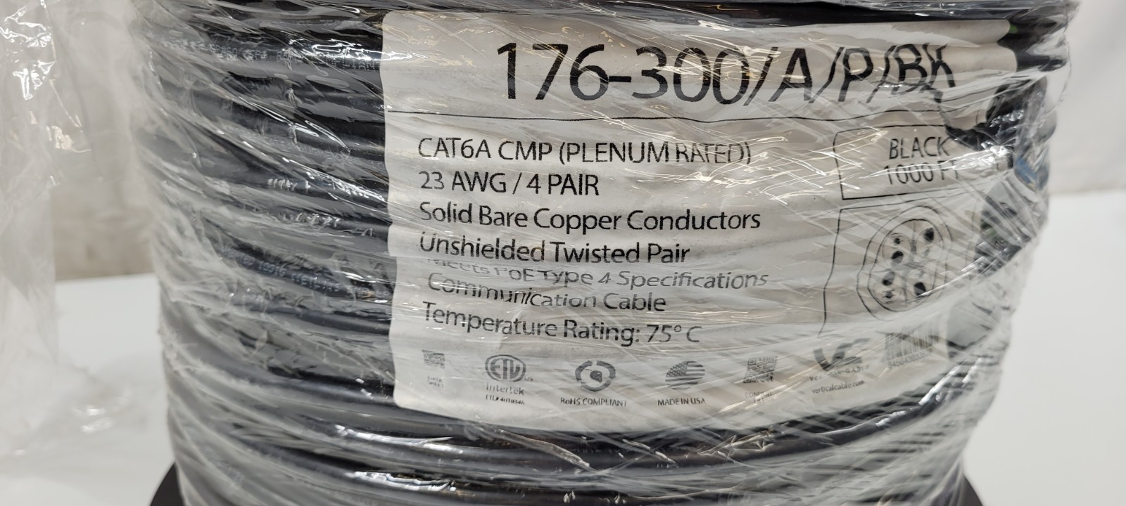 Vertical Cable CAT6A UTP, CMP, 23AWG, Solid, 550MHz, Made in USA – 1000ft