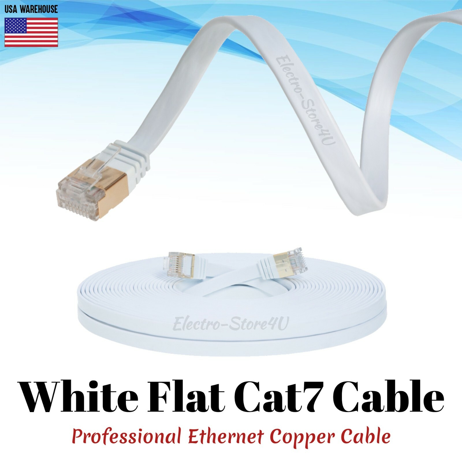 Flat Cat7 Ethernet Patch White Cable 6 10 20 25 30 50 75 100 FT U/FTP LAN Lot